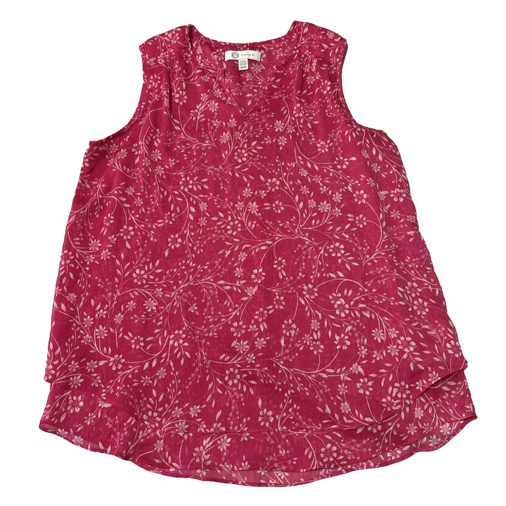 Cristina B Barbie Pink Women's Med Layered Sheer Flowy Floral Sleeveless Blouse